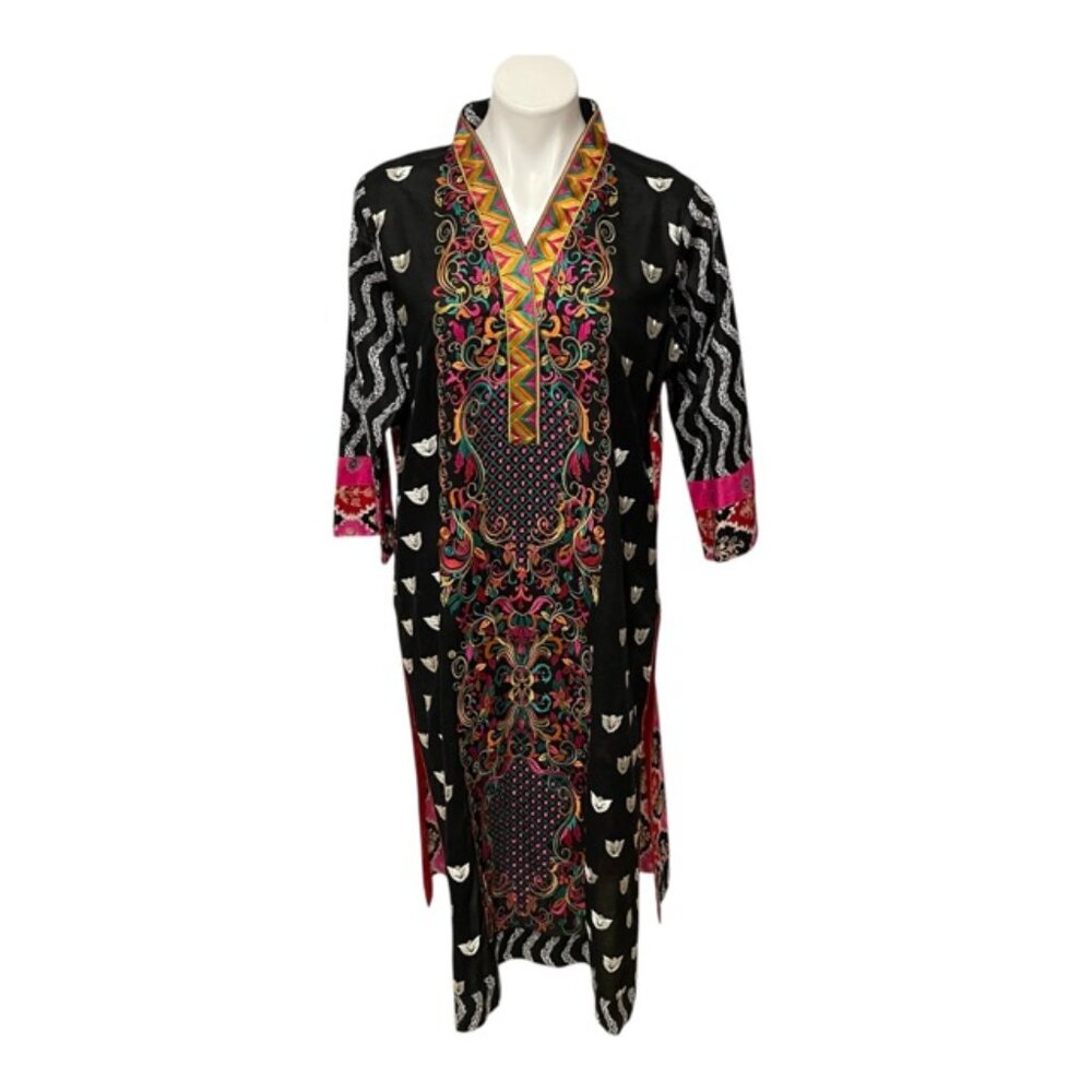 Unbranded Medium Large Black Side Slit Long Sleeve Embroidered Kaftan Midi Dress - Picture 2 of 6